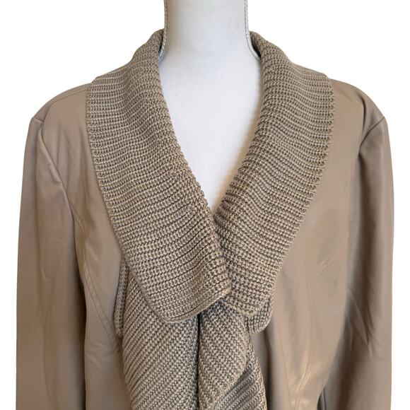 Chico's Jacket Women's Sz 3 16/18 Taupe Faux Leather Knit Collar Trim Lined Soft - Picture 2 of 10